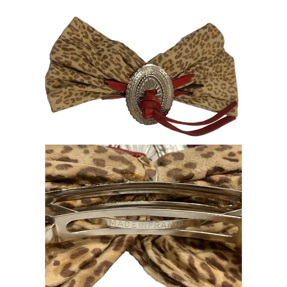 80s Leopard Kid Suede & Red Leather French Barrette Bow with Silver Concho main image 5